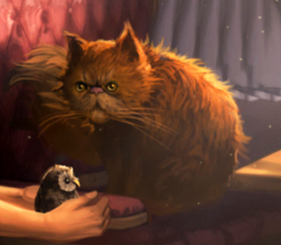 Image shows and image of Crookshanks, Hermione's cat. He is at the pet store with agrumpy face