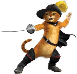 Image shows a picture of Shrek's Puss in Boots, wearing boots, a cap, a hat and has a pointed sword. 