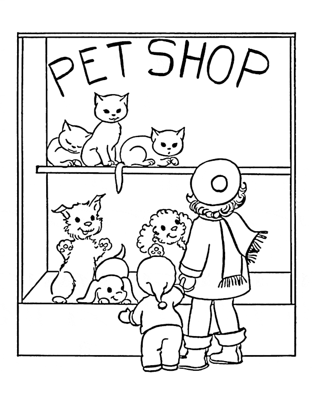Image shows a black and white drawing of girl  and a little boy,  on a pet store window, looking at three kittens and three puppies.