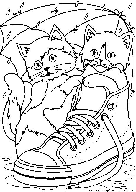 Image shows a black and white drawing of two kittens. One is in a tennis shoe and the other is beside the tennis shoe. It is raining so the cats ara covering themselves with an umbrella.