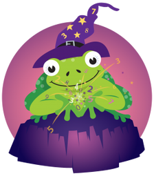 Image shows the drawing of a green toad with a purple witch's pointed purple hat