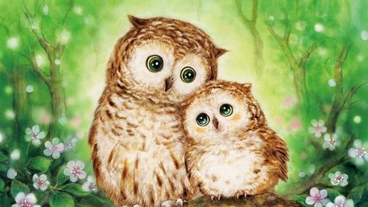 Image shows the drawing of a mommy owl and a baby owl. They are brown with green eyes, cuddling each other. In teh background there are trees and pink flowers