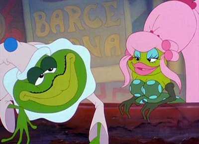 Image shows the Toad form Thumbelina, dressed as a clown, and his mother that wears pink. long hair. In the back, there's a poster taht reads "Barcelona"