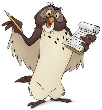 Image shows the Owl from Winnie the Pooh. It is holding a piece of paper and a pencil.