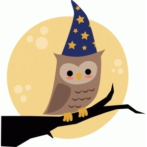Image shows the drawing of a brown owl. with a pointed magician's blue hat. The owl is standing on a branch.